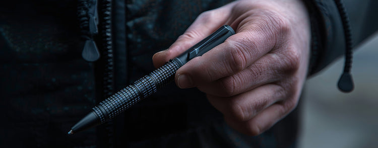 Robust wirkender Tactical Pen in der Hand eines Mannes