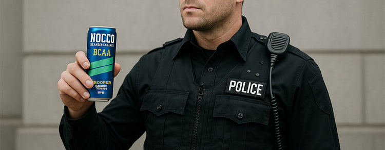 Polizist mit einer Nocco Getränkedose in der Hand