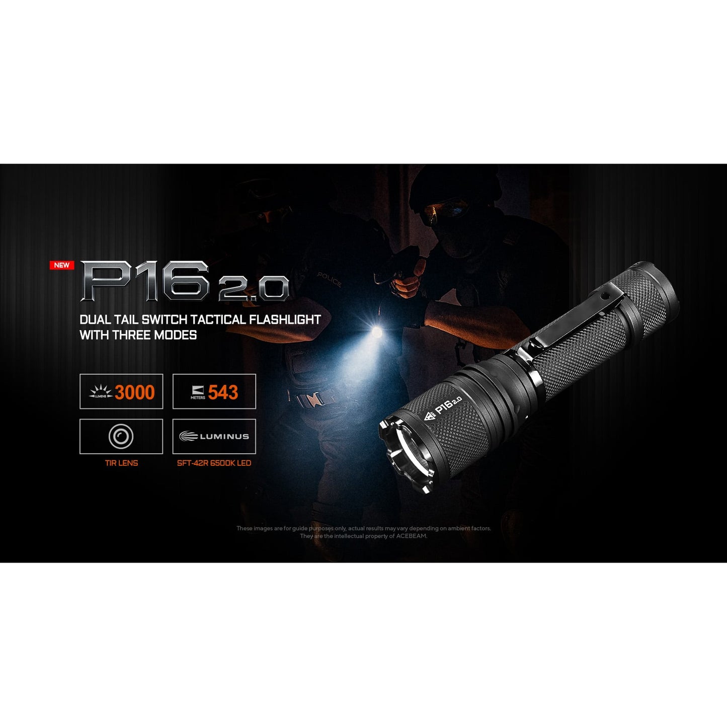 Taktische LED-Taschenlampe P16 2.0, 3'000 Lumen (inkl. Akku)