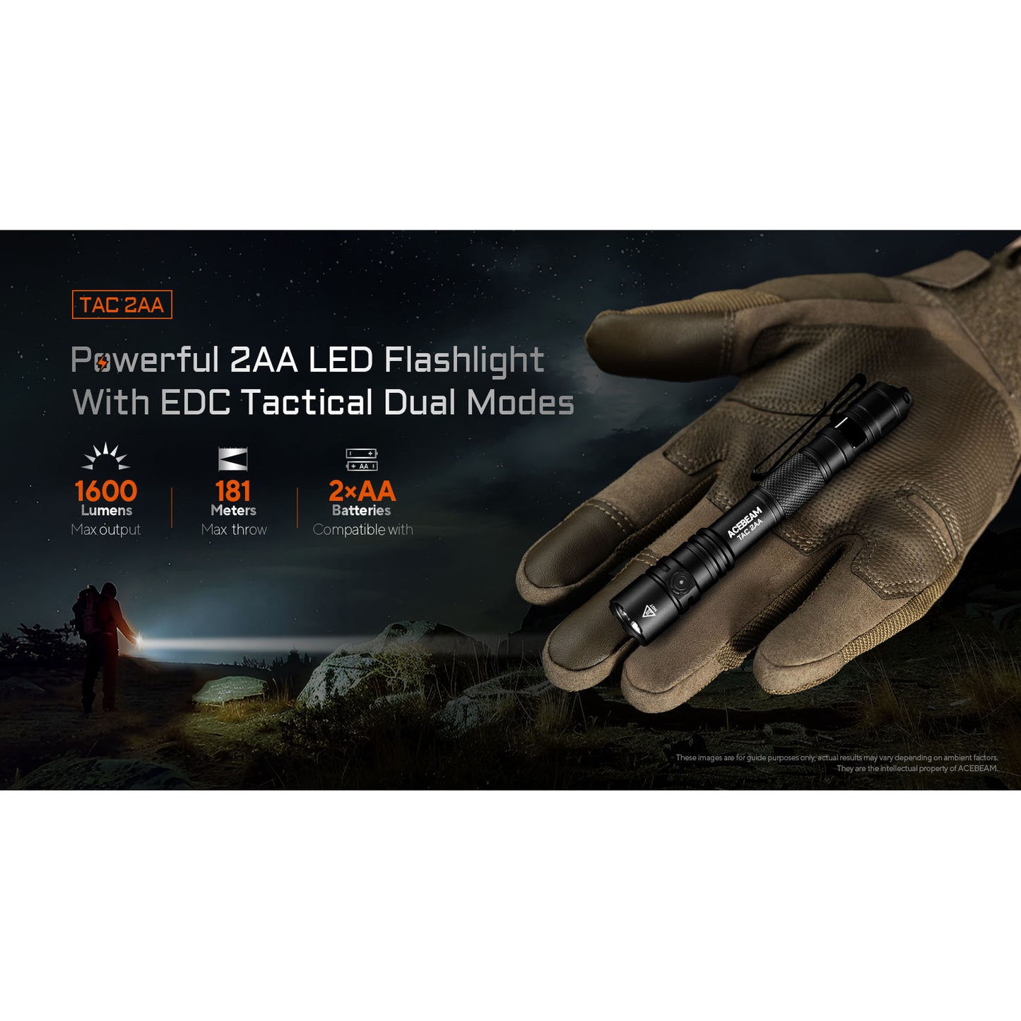 Taktische LED-Taschenlampe TAC 2AA, 1'600 Lumen (inkl. Akku)