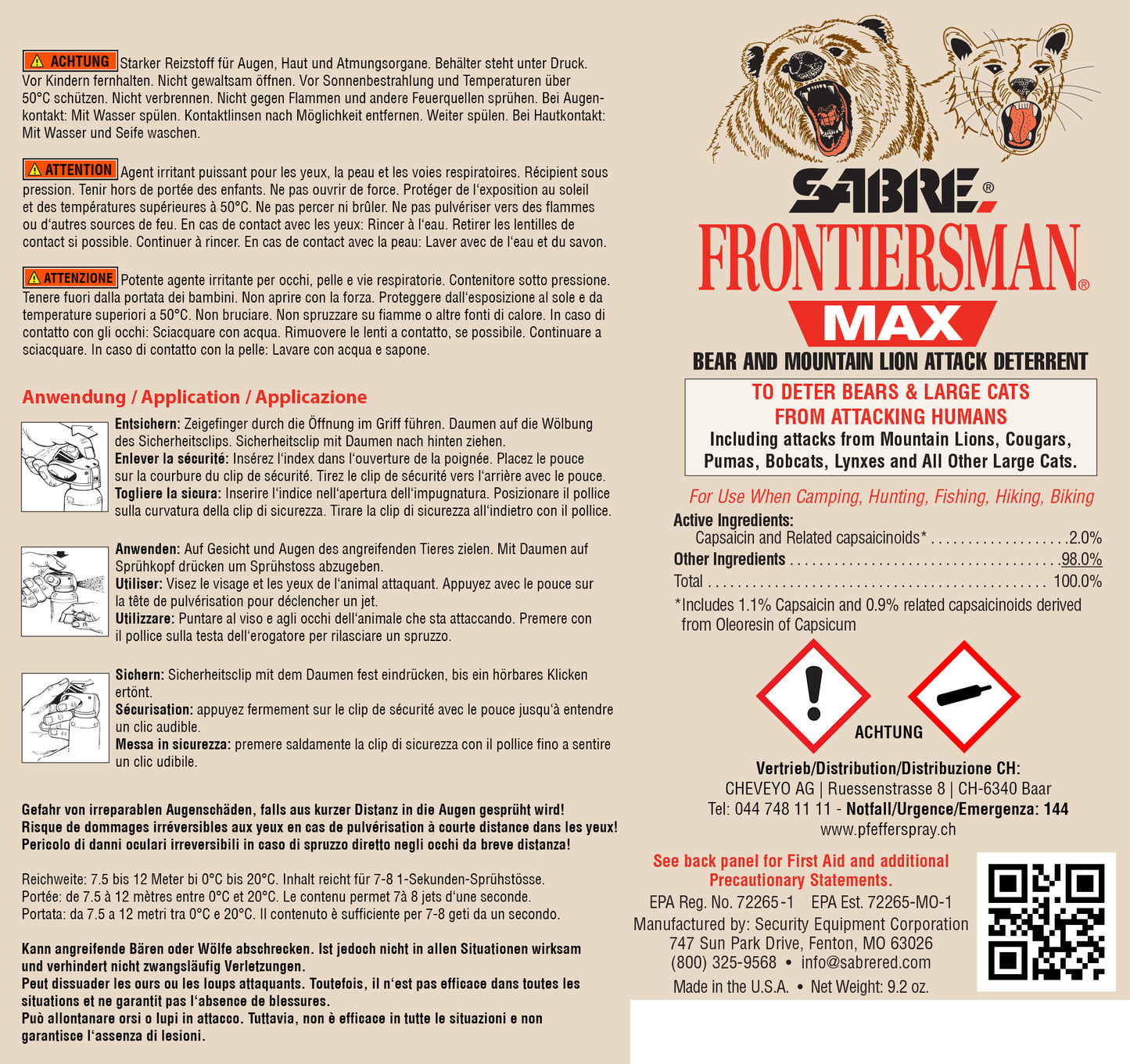 Spray au poivre ours/loup FRONTIERSMAN 270 GRAM BEAR SPRAY
