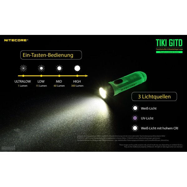 NITECORE LED-TASCHENLAMPE TIKI GITD grün, 300 Lumen (inkl. Akku)