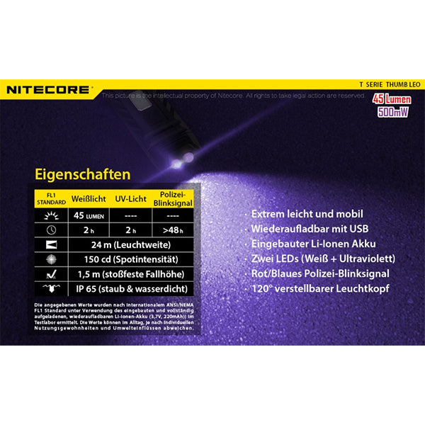 NITECORE LED-TASCHENLAMPE THUMB UV - 45 Lumen (inkl. Akku mit Micro-USB-Anschluss)