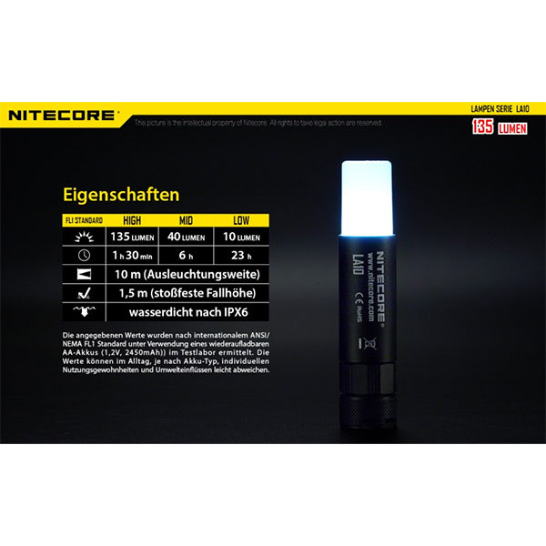 NITECORE LED-TASCHENLAMPE LA10 - 135 Lumen (ohne Batterie)